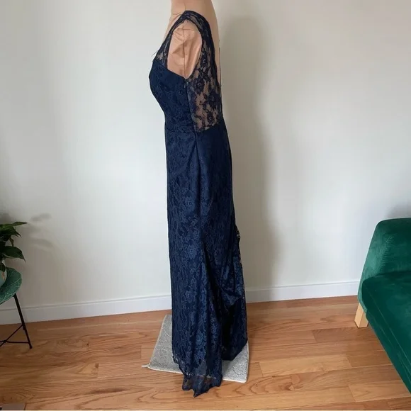 Custom Blue Floral Lace Full Length Illusion Strap V-Back Evening Gown EUC Sz 4 - Picture 2 of 8